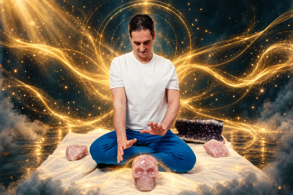 Alexander Pippir sitzt in Meditationshaltung, vor ihm ein Kristallschädel aus Rosenquarz, umgeben von goldenen Lichtwellen