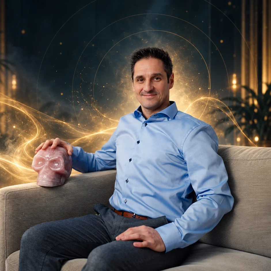 Alexander Pippir sitzt lächelnd auf einem Sofa, die Hand auf einem Kristallschädel aus Rosenquarz, umgeben von goldenen Lichtwellen