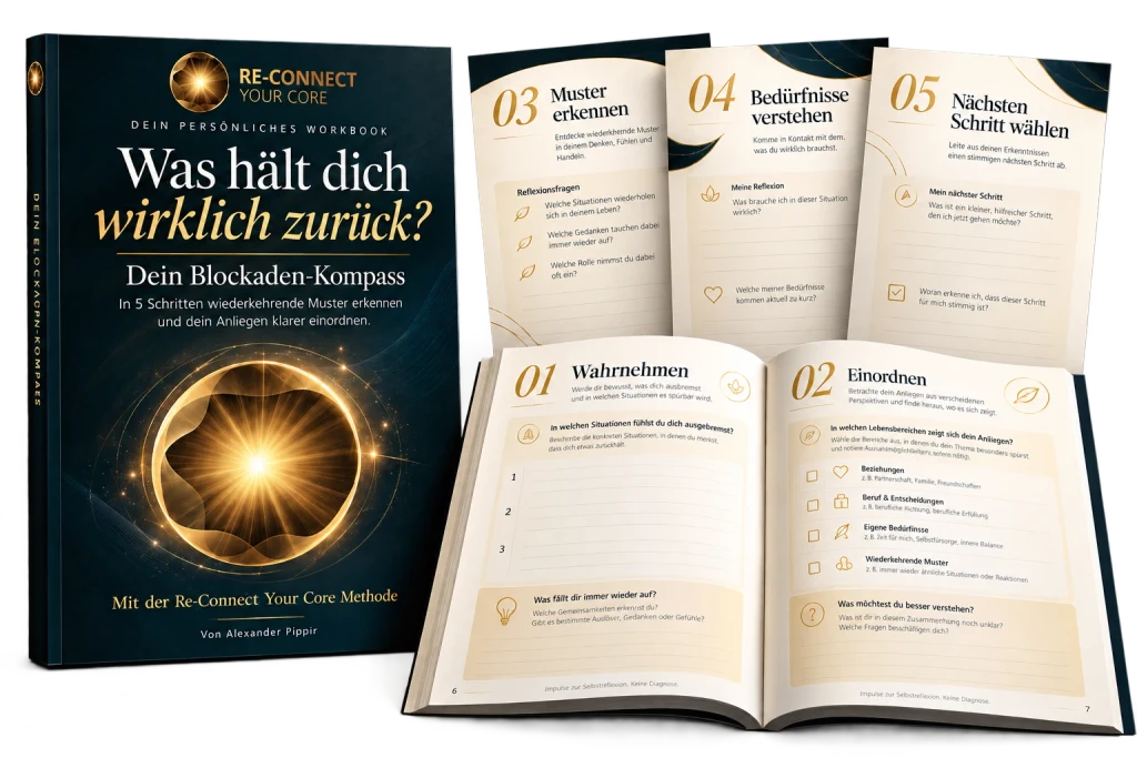 Das Workbook „Dein Blockaden-Kompass“ von Alexander Pippir: Titelseite „Was hält dich wirklich zurück?“ mit dem Re-Connect-Your-Core-Logo und aufgeschlagene Seiten mit den fünf Schritten