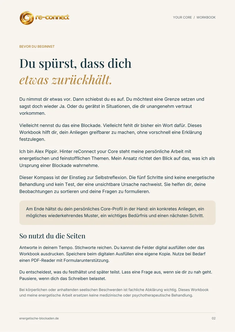 Workbook-Seite „Bevor du beginnst“ aus dem Blockaden-Kompass