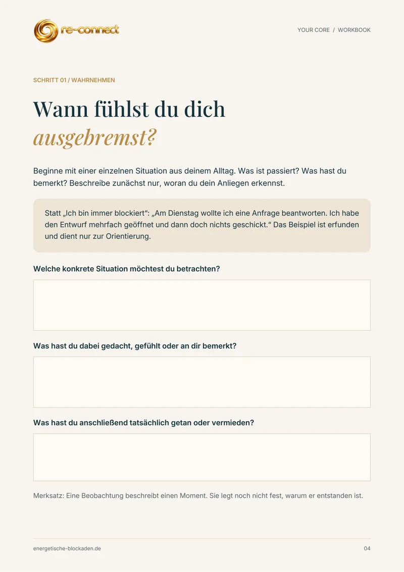 Workbook-Seite „Wahrnehmen: Wann fühlst du dich ausgebremst?“ aus dem Blockaden-Kompass