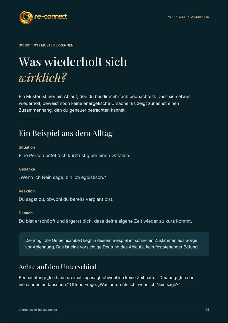 Workbook-Seite „Muster erkennen: Was wiederholt sich wirklich?“ aus dem Blockaden-Kompass