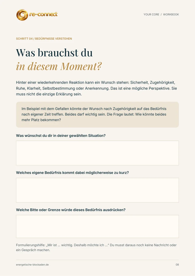 Workbook-Seite „Bedürfnisse verstehen“ aus dem Blockaden-Kompass