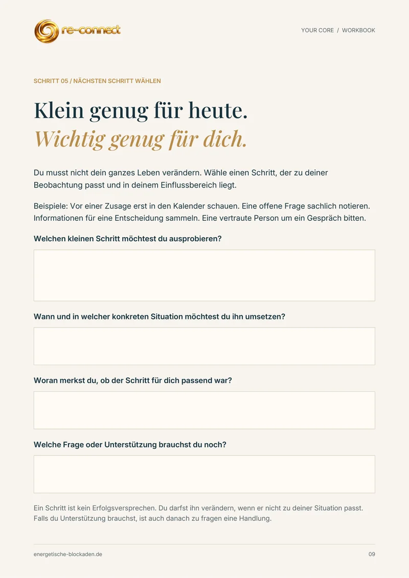 Workbook-Seite „Nächsten Schritt wählen“ aus dem Blockaden-Kompass