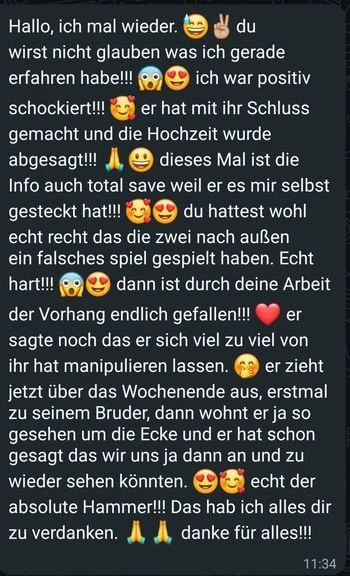 WhatsApp-Nachricht an Alex: Sie ist positiv schockiert, was sie gerade erfahren hat, und bedankt sich für alles.